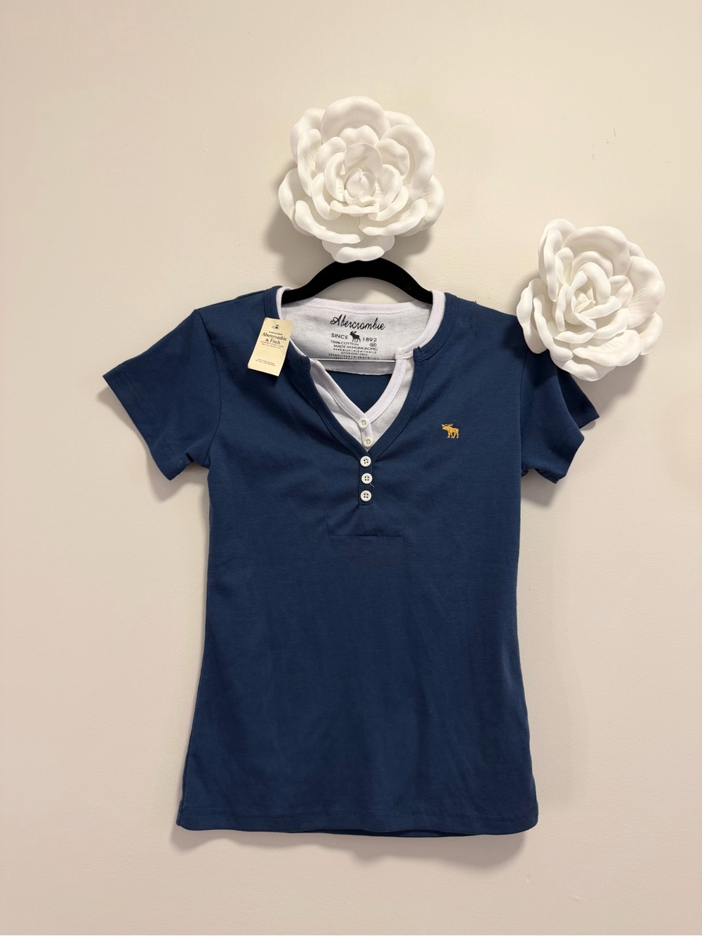 Abercrombie & Fitch Navy Short-Sleeve Henley with White Trim